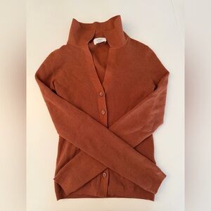 Aritzia Rust Button-Front Ribbed Hooded Cardigan